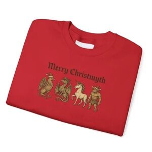 Red Merry Christmyth Medieval Monsters Cryptid Holiday Crewneck Sweater Sz XL
